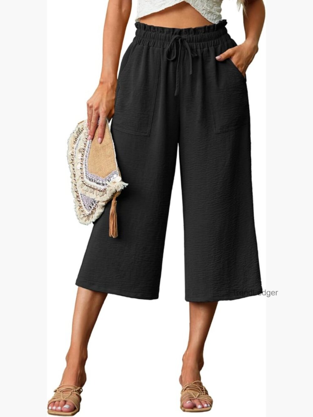 Wide Leg Capri Pants High Waisted Palazzo Pants Adjustable Tie Knot with Pockets